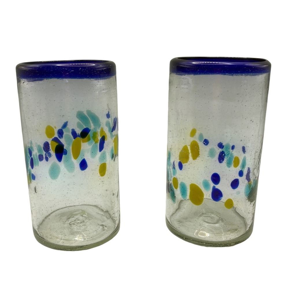 Handblown Drinking Glasses 5" Blue Yellow Confetti Set of 2 Cobalt Rim